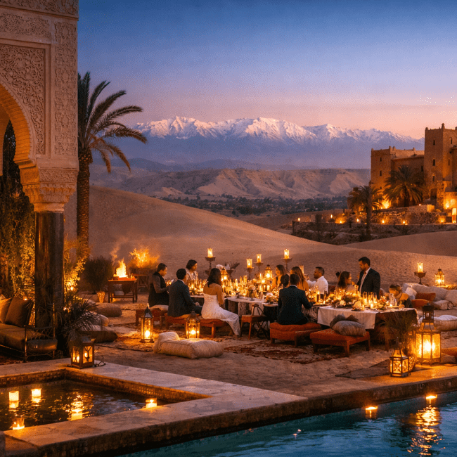 Dîner de luxe en plein désert marocain avec table éclairée aux lanternes, invités élégants, riad traditionnel et montagnes de l’Atlas en arrière-plan, expérience événementielle haut de gamme au Maroc