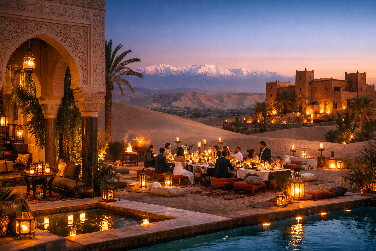 Dîner de luxe en plein désert marocain avec table éclairée aux lanternes, invités élégants, riad traditionnel et montagnes de l’Atlas en arrière-plan, expérience événementielle haut de gamme au Maroc